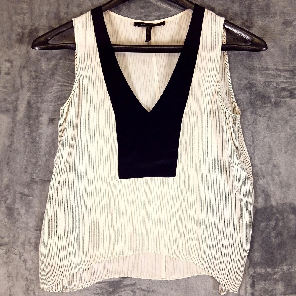 BCBG Tank Top Blouse Womens XXS White Black Silk‎ Striped V Neck Hi Low